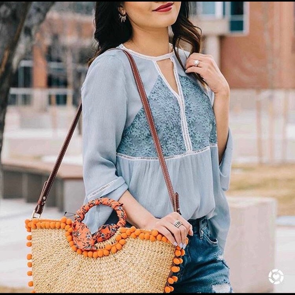 Wild blue denim blue cutout v neck blouse